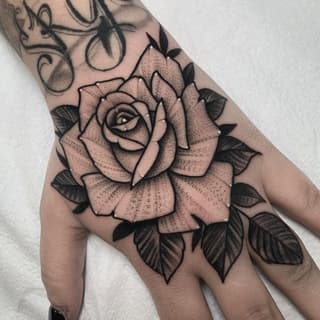 Large rose with detailed petals and eye detail in center, surrounded by leaves, tattooed on hand with dotted shading and black linework.