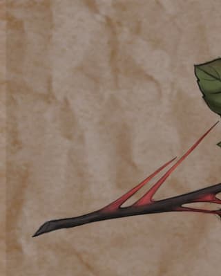 A branch tattoo with green leaves and red accents on the upper arm, featuring a black stem with detailed shading.