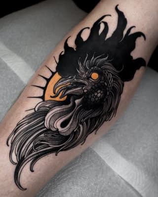 Detailed bird head tattoo with black ink, orange eye and sun element, long flowing feathers extending down the forearm, on pale skin.