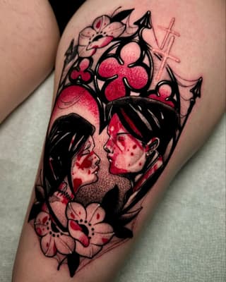 Two facing figures with dark hair and red facial details surrounded by red berries, pink flowers, and decorative crosses on the upper arm.