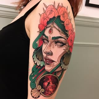 Colorful shoulder tattoo featuring a face with green feathered headdress, coral roses, closed eyes with tears, and a red gemstone pendant.