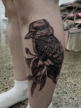 Detailed black ink bird perched on flowering branches tattooed on the calf of a person wearing white socks.