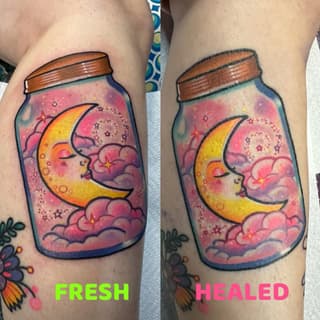Two views of a jar tattoo containing a crescent moon and clouds in pink, yellow, and orange on an upper arm, showing fresh and healed stages.