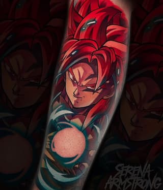 Vibrant red-haired character with intense expression holding a glowing pink sphere, tattooed on the forearm with teal and orange accents.
