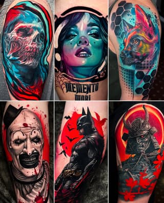 Six colorful tattoo designs featuring skulls, portraits, characters, and creatures in vibrant reds, teals, and blacks on various arm placements.