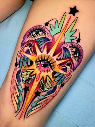 Colorful tattoo on forearm featuring three mystical eyes surrounded by wings, stars, and radiating light beams in pink, yellow, green, and purple tones.