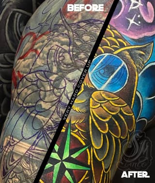 Before and after tattoo cover-up showing an owl with blue eyes, yellow feathered wings, and green geometric elements on the upper arm.