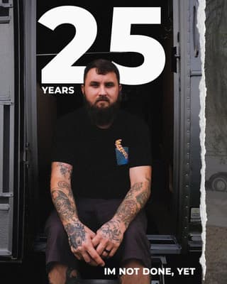 Tattooed man with full sleeve designs in black and gray ink on both arms, displayed in portfolio setting with "25 Years" text overlay.