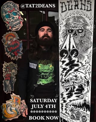 Tattoo artist portfolio featuring colorful skull and heart designs on arm, bearded man in black shirt, and black and white skull artwork with flames and motorcycle.