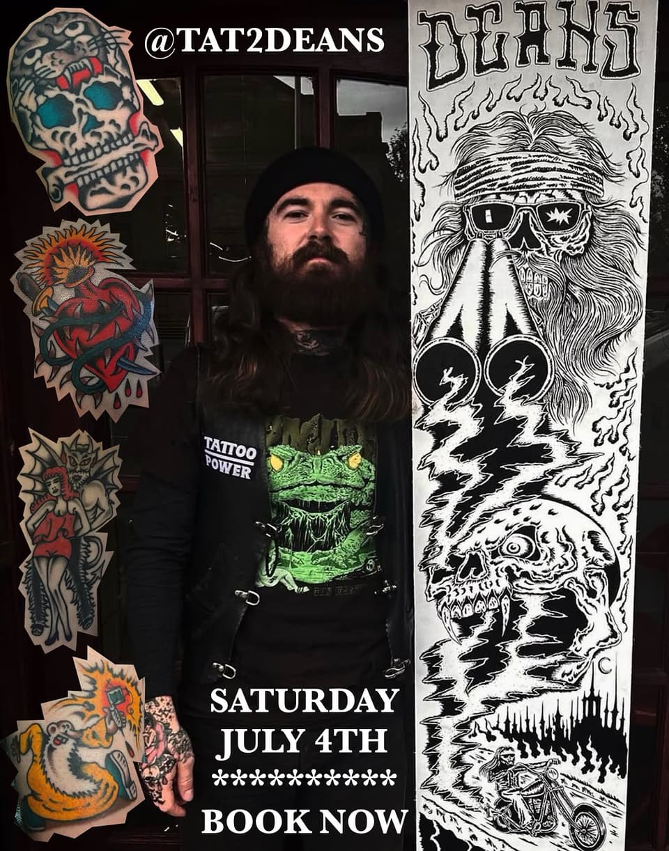 Tattoo artist portfolio featuring colorful skull and heart designs on arm, bearded man in black shirt, and black and white skull artwork with flames and motorcycle.