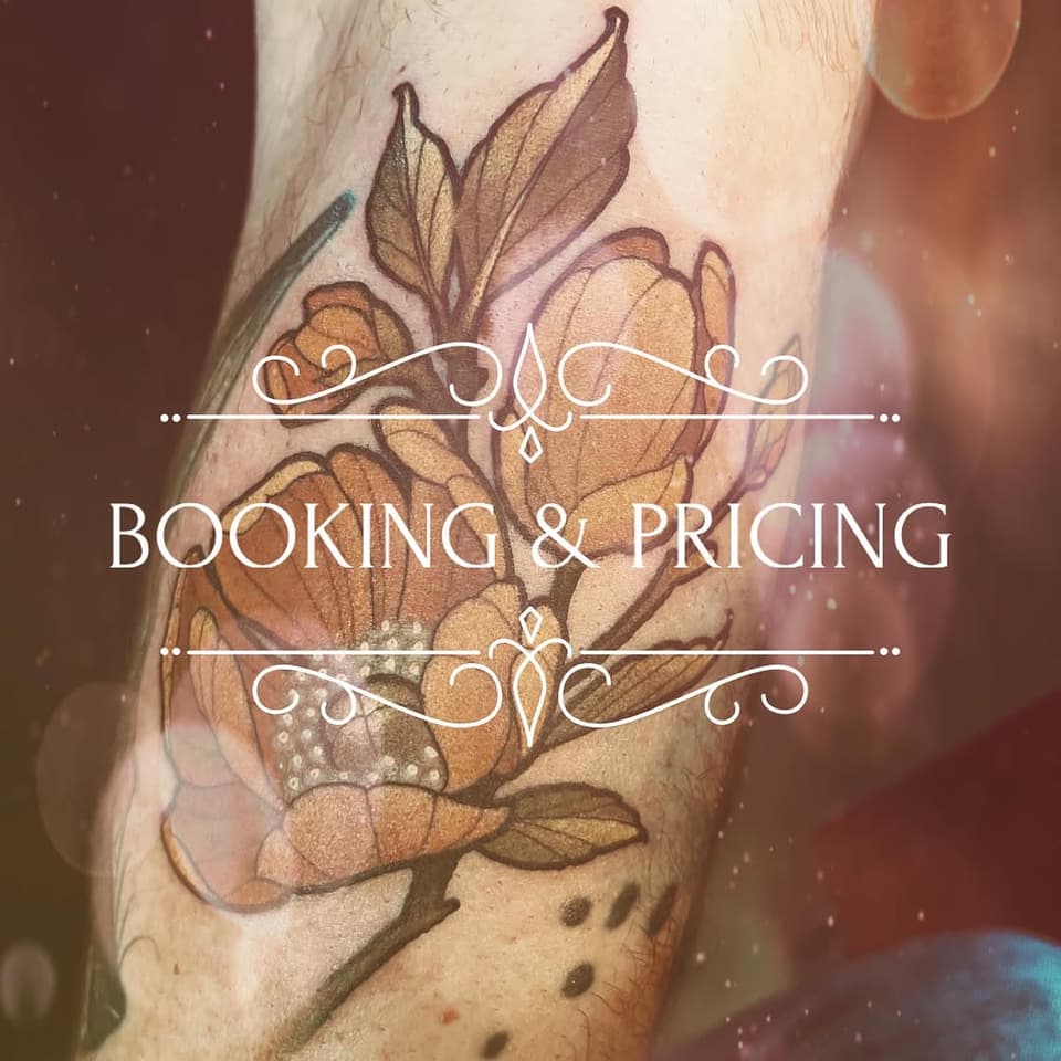 Botanical tattoo featuring warm brown and golden flowers with purple accents on the forearm, overlaid with ornamental text reading "Booking & Pricing.