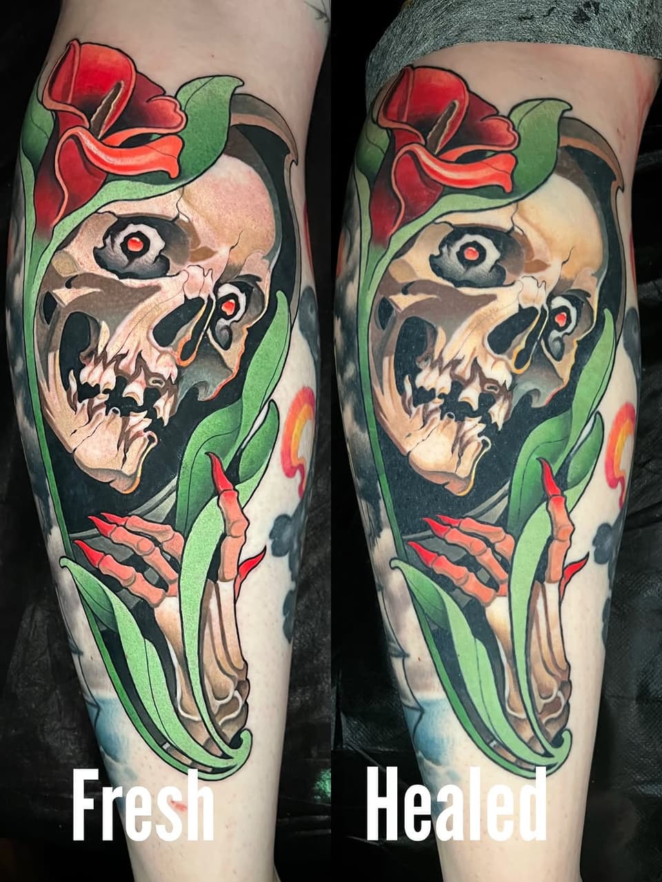 Side-by-side comparison of a skull with red eyes and green leaves holding a red flower, shown fresh and healed on a calf.