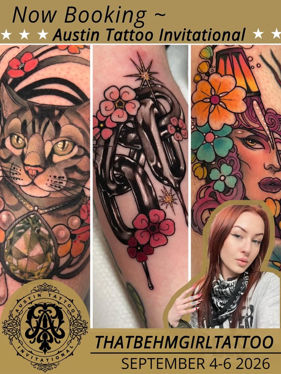 Portrait tattoos featuring a cat with geometric patterns, hands holding flowers, and a woman's face with colorful floral elements in orange, red, and green tones.