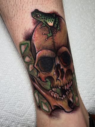 Colorful skull tattoo with green frog perched on top and vining ivy details on the forearm, featuring brown, green, and red tones.