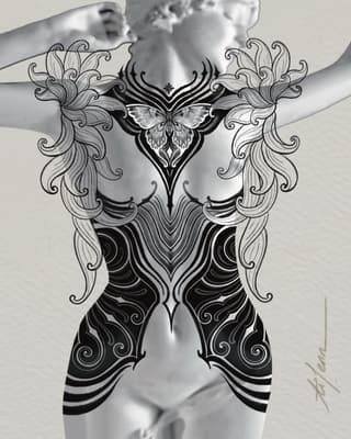Intricate back tattoo design featuring symmetrical ornamental scrollwork, a central butterfly motif, and layered geometric patterns in black ink on pale skin.