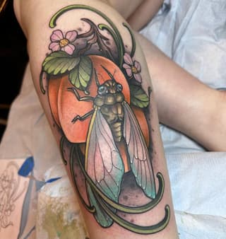 Colorful insect tattoo on upper arm featuring a detailed fly with transparent wings, orange circular background, green leafy vines, and small pink flowers.