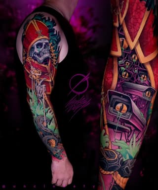 Full-sleeve tattoos on both arms featuring a skull in a red crown, mystical eyes, geometric patterns, green foliage, and orange accents against a purple background.