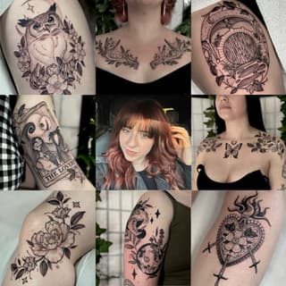 Portfolio grid displaying nine tattoos featuring owls, moons, flowers, skulls, and celestial elements in black ink on various body placements, with a portrait photo centered.