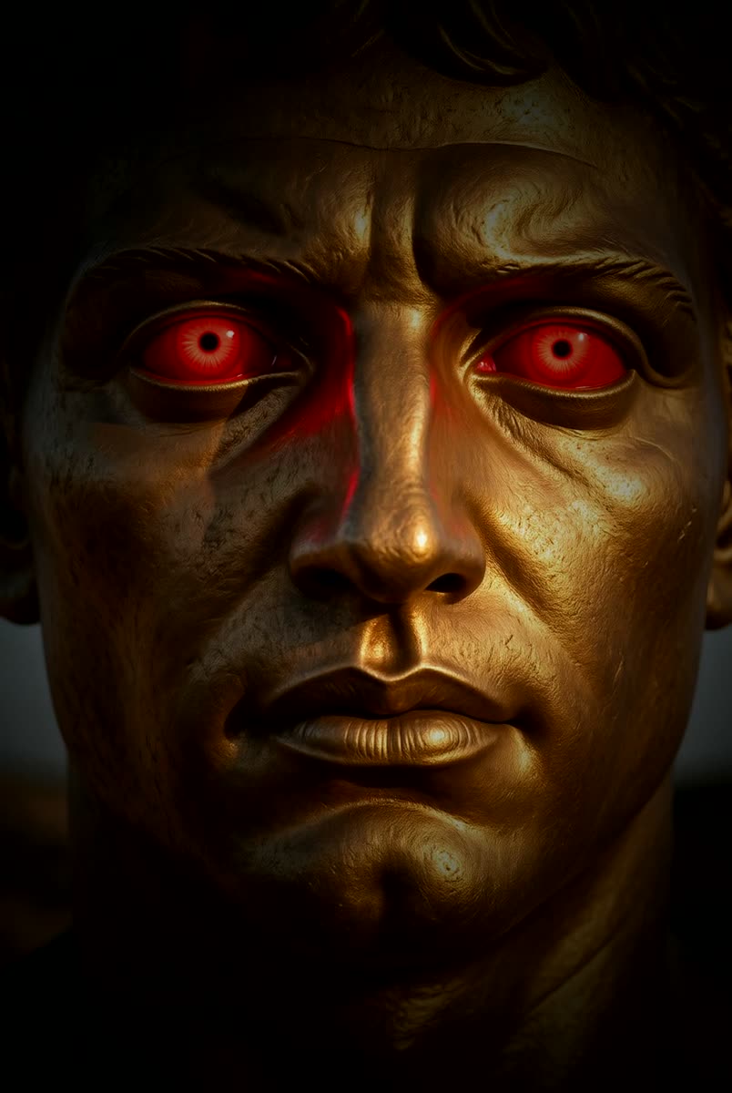 The bronze guardian of Talomis, close on his face, his eyes lit red in the dark.