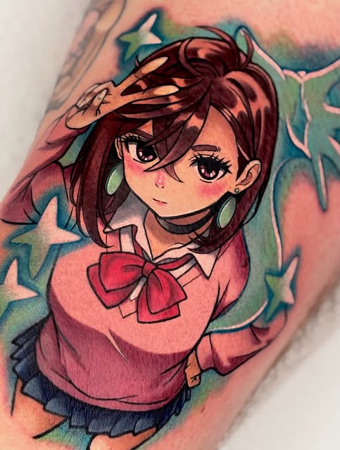 Anime girl character with burgundy hair and pink bow on arm tattoo, surrounded by blue-green foliage background.
