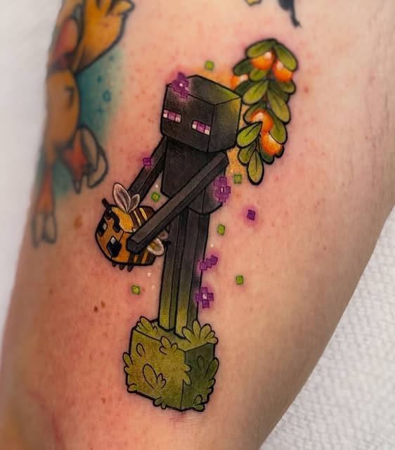 Minecraft Enderman character tattoo on thigh holding grass block and flowers, with purple floating cubes and bee, in color.