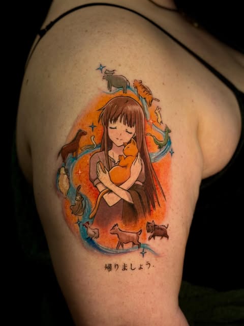 Chihiro from Spirited Away on upper arm, holding a flower, surrounded by animal spirits in orange and blue watercolor effects with Japanese text below.