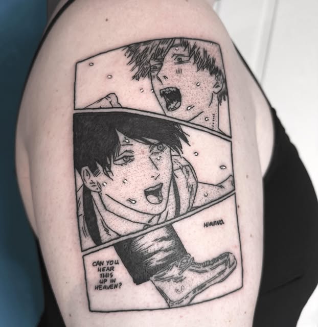 Manga panel tattoo on upper arm featuring two expressive characters from Jujutsu Kaisen with dialogue bubble reading 'Can you hear this up in heaven' in black ink.