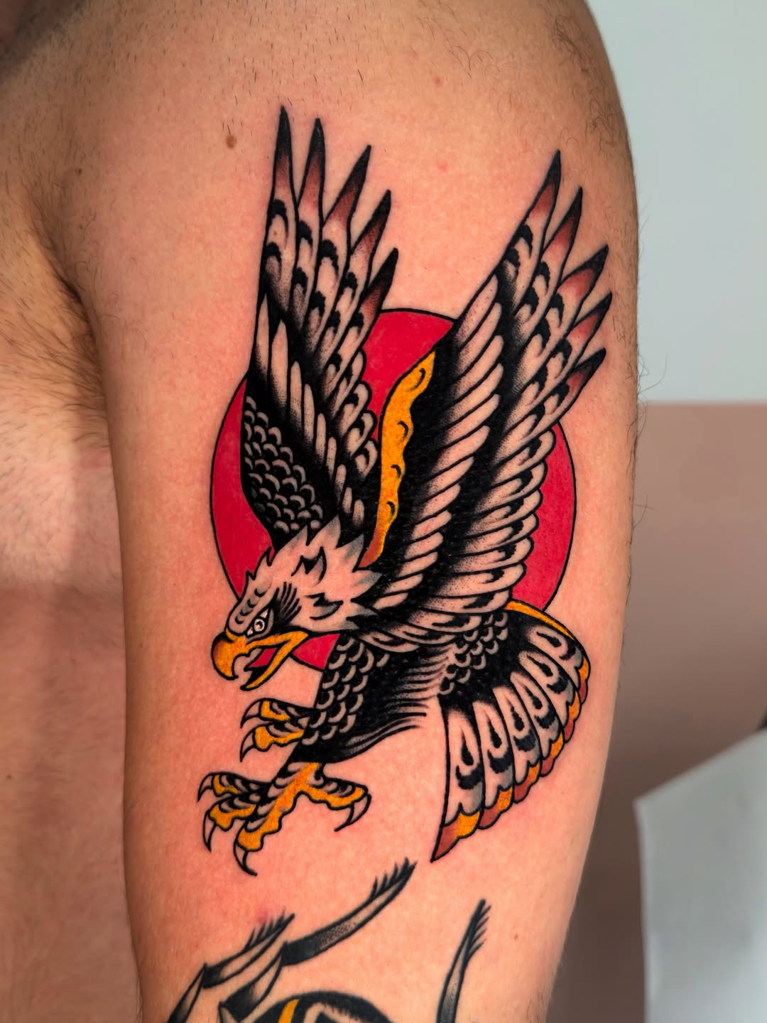 Bold eagle with spread wings, red circular background, yellow talons and beak details on upper arm.
