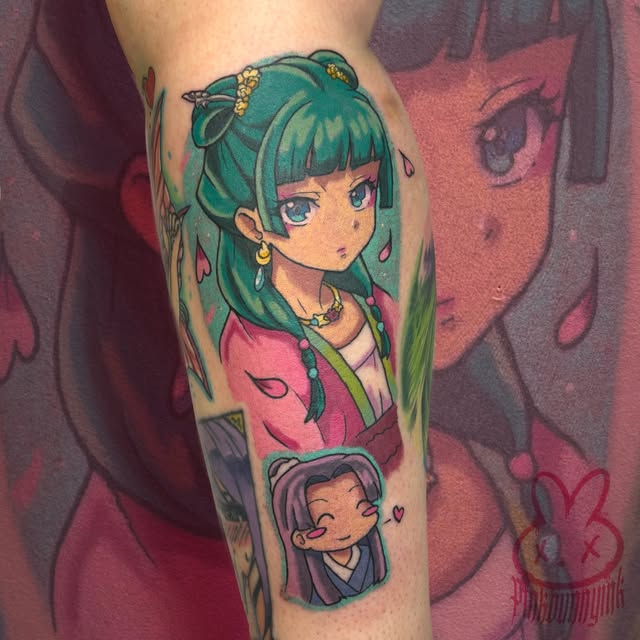 Colorful tattoo on forearm featuring an anime girl with teal hair in traditional dress and a smaller character portrait below, surrounded by falling petals.