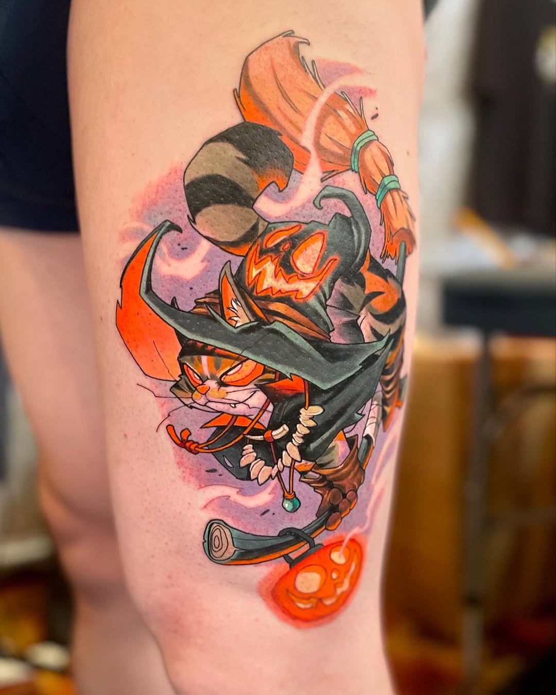 Anime-style cat characters with orange and black coloring, magical girl outfit elements, and glowing effects on thigh.