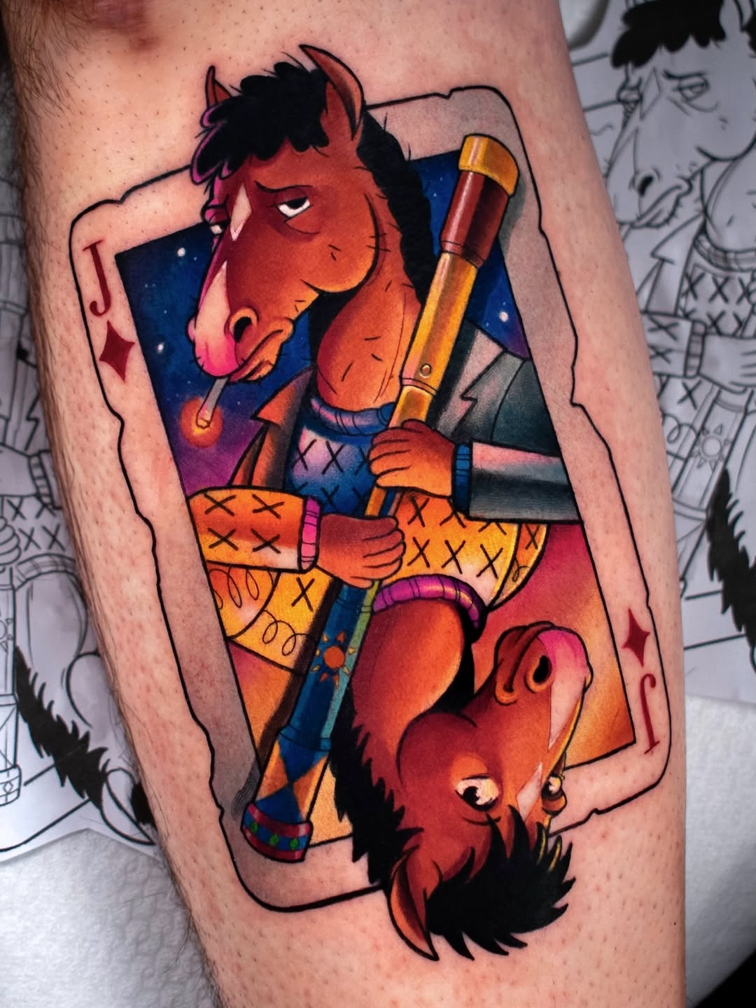 Red demon character with black horns holding an axe, wearing blue and yellow outfit with decorative patterns on leg.